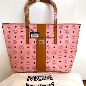 Brand NWT MCM Anya Pink Monogram Visetos Canvas Medium-Large Shopper Tote